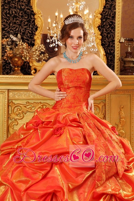 Popular Ball Gown Strapless Long Taffeta Hand Made Flowers Orange Red Quinceanera Dress