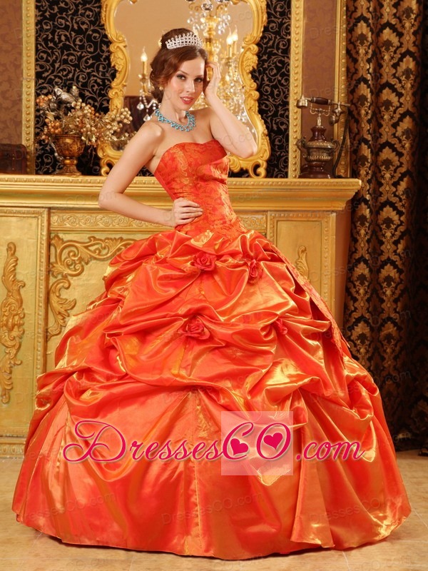 Popular Ball Gown Strapless Long Taffeta Hand Made Flowers Orange Red Quinceanera Dress