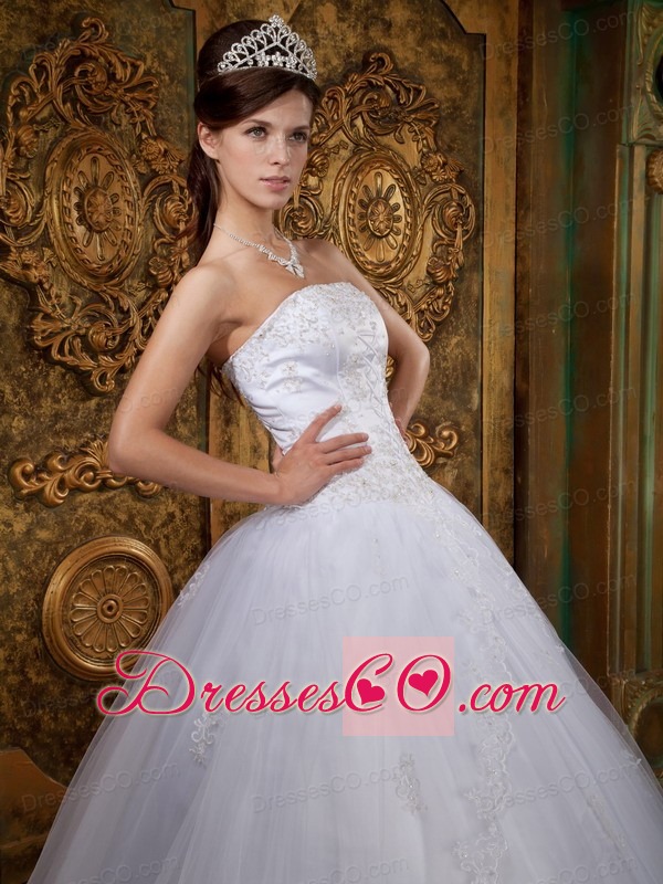 White Ball Gown Strapless Long Satin And Tulle Lace Quinceanera Dress