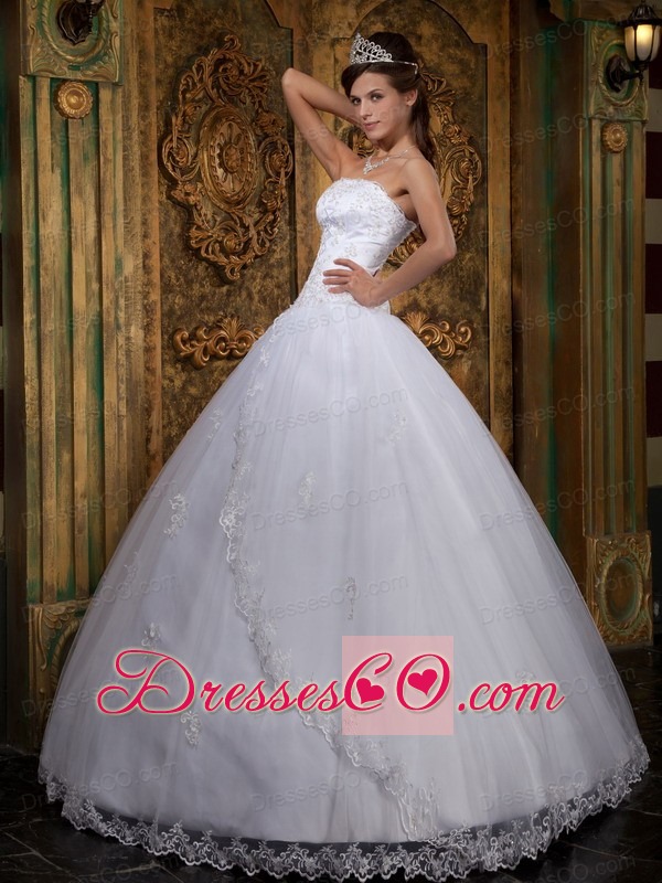 White Ball Gown Strapless Long Satin And Tulle Lace Quinceanera Dress