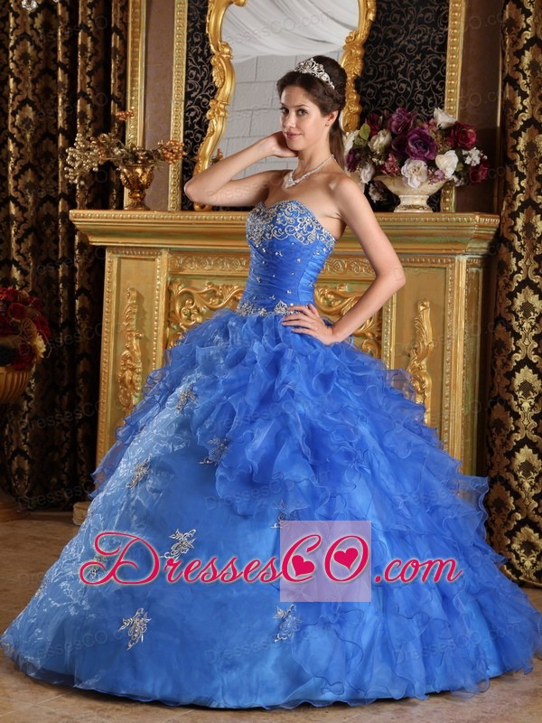 Blue Ball Gown Long Ruffles Organza Quinceanera Dress