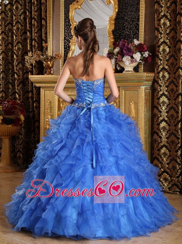 Blue Ball Gown Long Ruffles Organza Quinceanera Dress