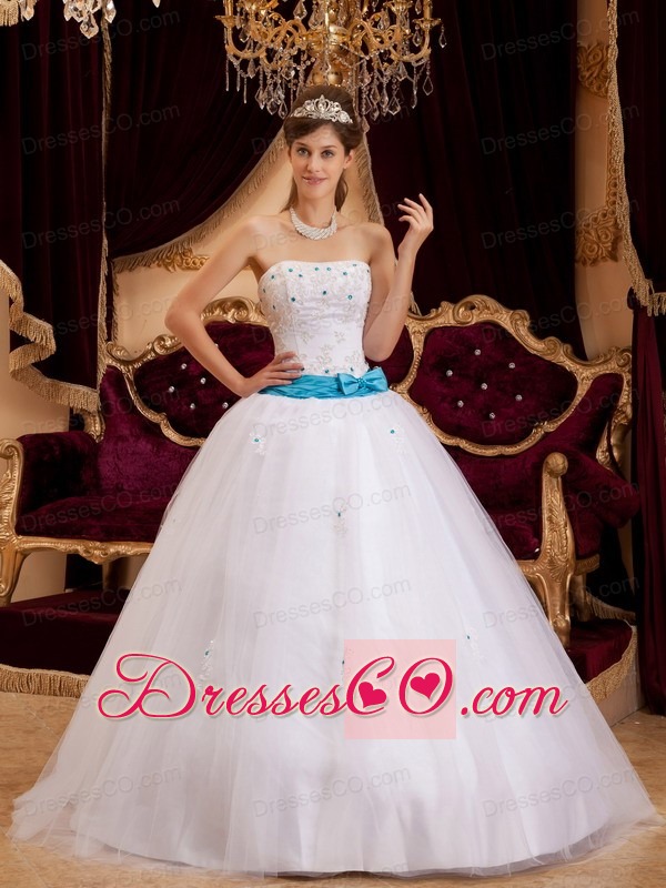 White Ball Gown Strapless Long Satin Appliques Quinceanera Dress
