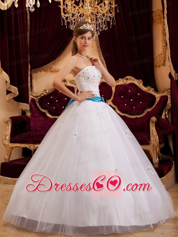 White Ball Gown Strapless Long Satin Appliques Quinceanera Dress