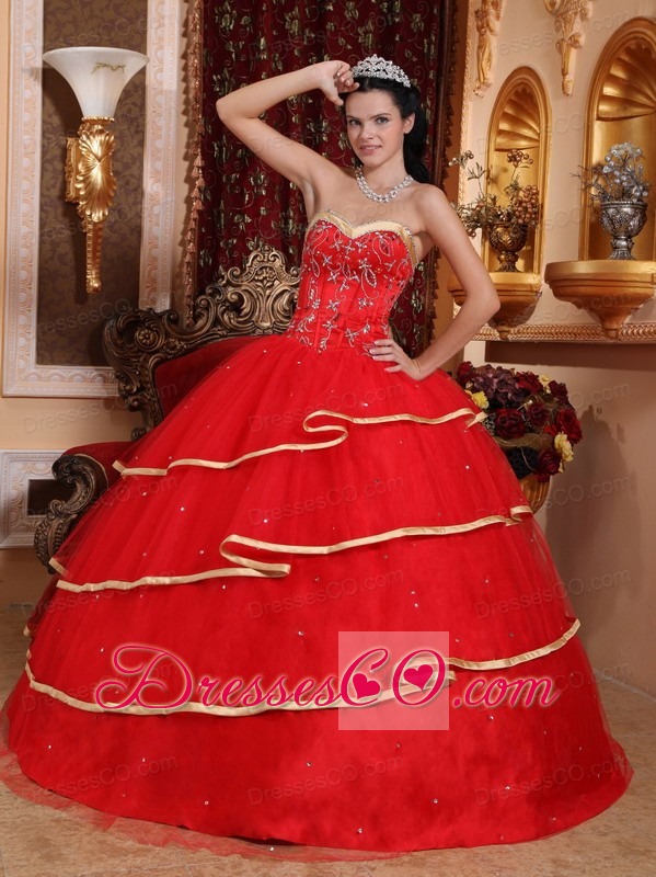 Red Ball Gown Long Satin And Tulle Beading Quinceanera Dress