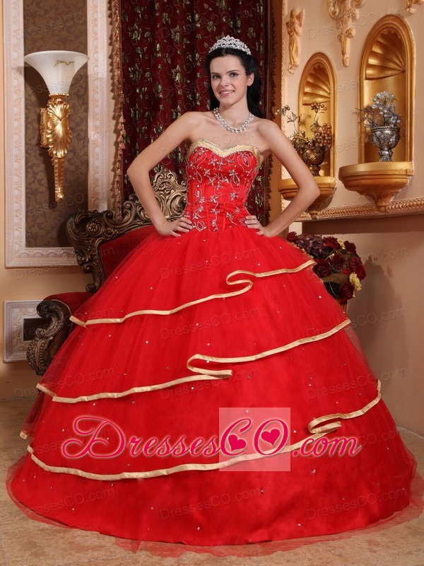 Red Ball Gown Long Satin And Tulle Beading Quinceanera Dress