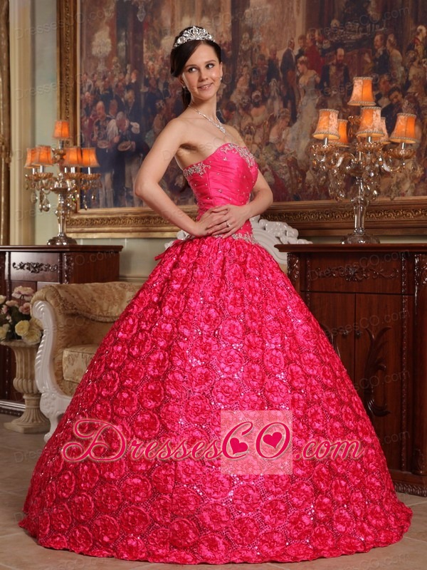 Coral Red Ball Gown Strapless Long Fabric With Rolling Flowers Appliques Quinceanera Dress