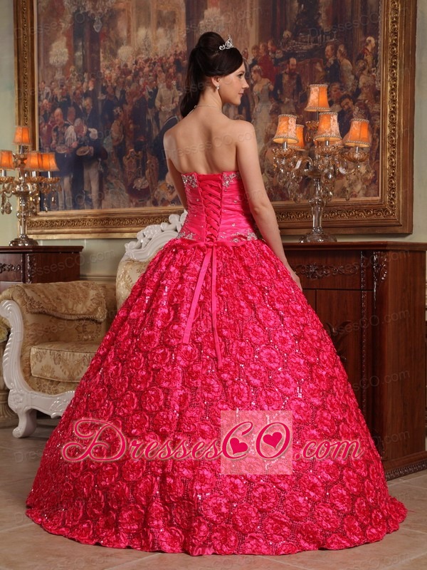 Coral Red Ball Gown Strapless Long Fabric With Rolling Flowers Appliques Quinceanera Dress