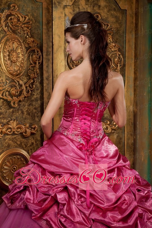 Hot Pink Ball Gown Long Taffeta And Organza Appliques Quinceanera Dress