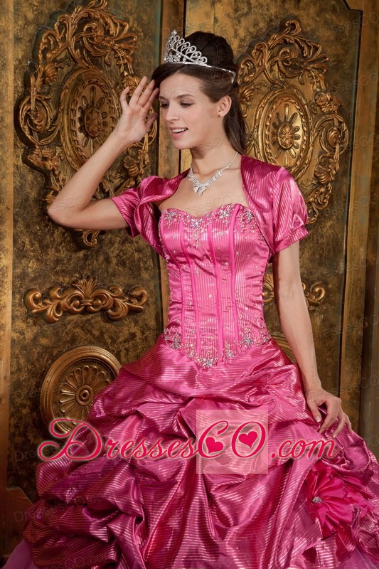 Hot Pink Ball Gown Long Taffeta And Organza Appliques Quinceanera Dress