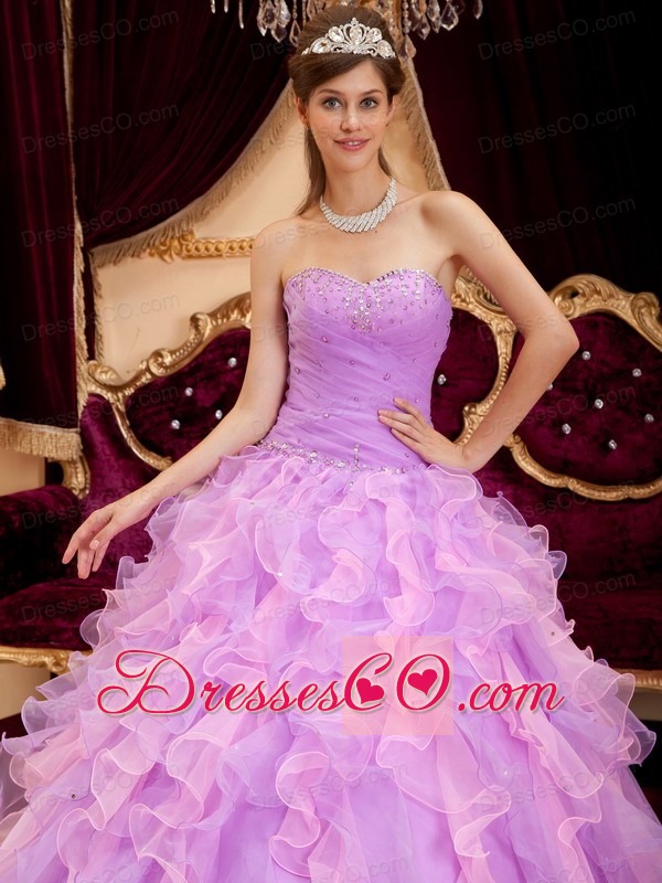 Lavender Ball Gown Long Organza Beading Quinceanera Dress