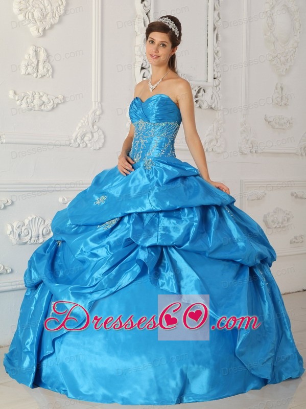 Blue Ball Gown Long Taffeta Appliques Quinceanera Dress