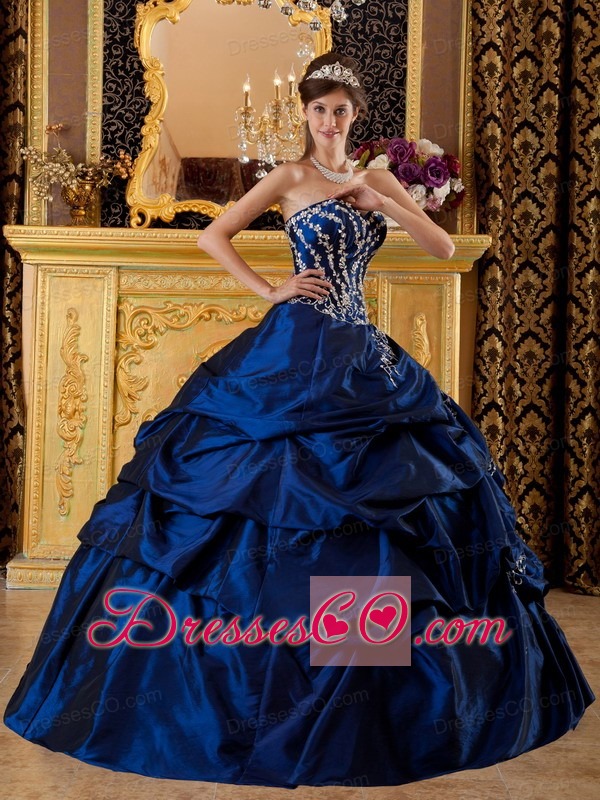 Navy Blue Ball Gown Long Taffeta Appliques Quinceanera Dress