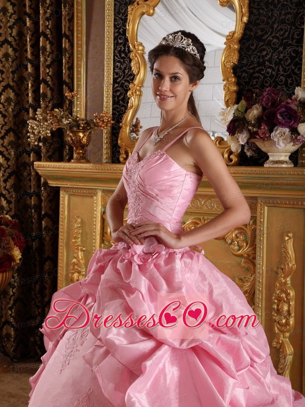 Pink Ball Gown Straps Long Taffeta Beading And Appliques Quinceanera Dress