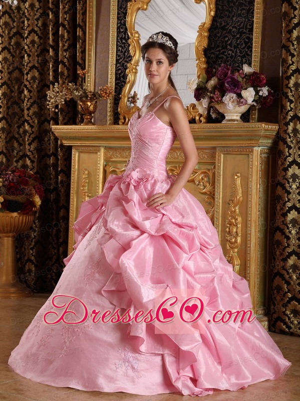 Pink Ball Gown Straps Long Taffeta Beading And Appliques Quinceanera Dress