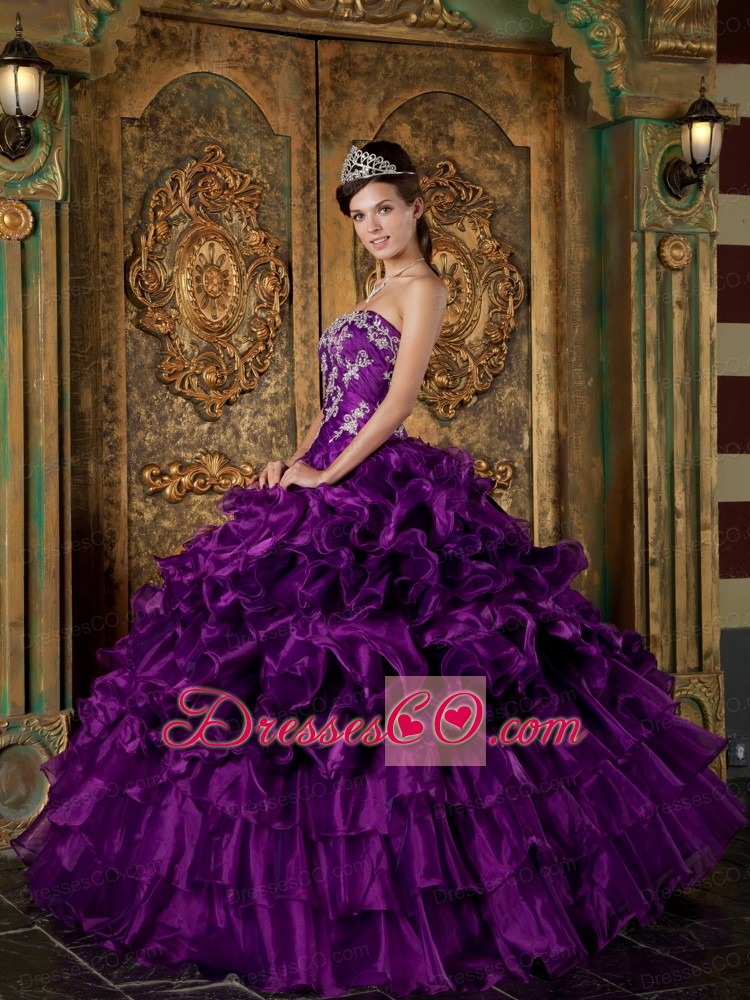 Purple Ball Gown Strapless Long Organza Ruffles Quinceanera Dress