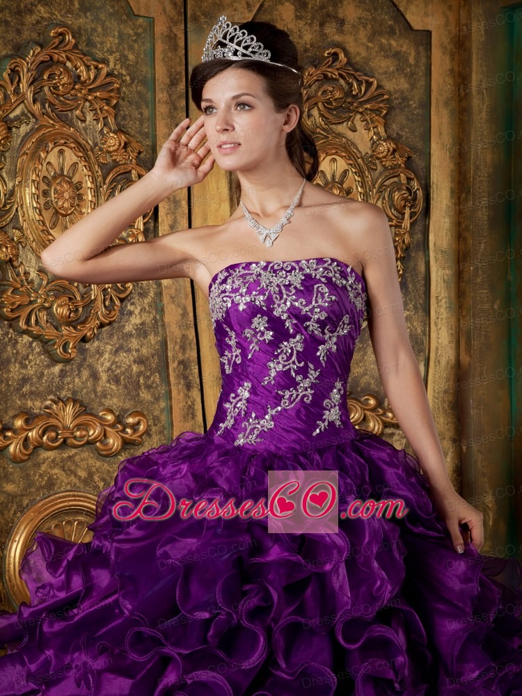 Purple Ball Gown Strapless Long Organza Ruffles Quinceanera Dress