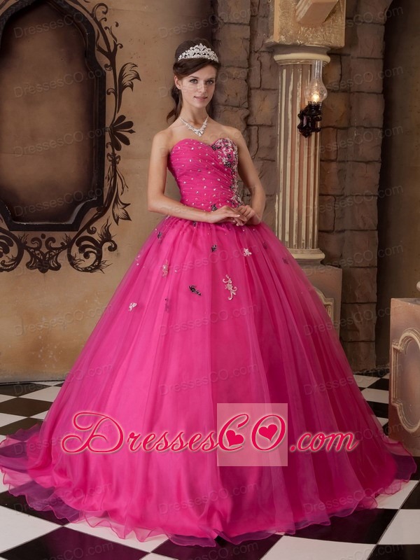 Hot Pink A-line Long Organza Beading Quinceanera Dress
