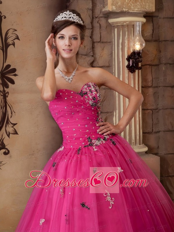 Hot Pink A-line Long Organza Beading Quinceanera Dress