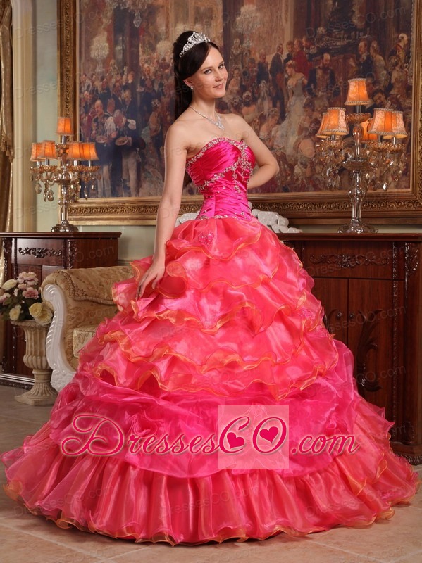 Red Ball Gown Long Taffeta And Organza Beading Quinceanera Dress