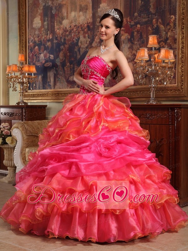 Red Ball Gown Long Taffeta And Organza Beading Quinceanera Dress