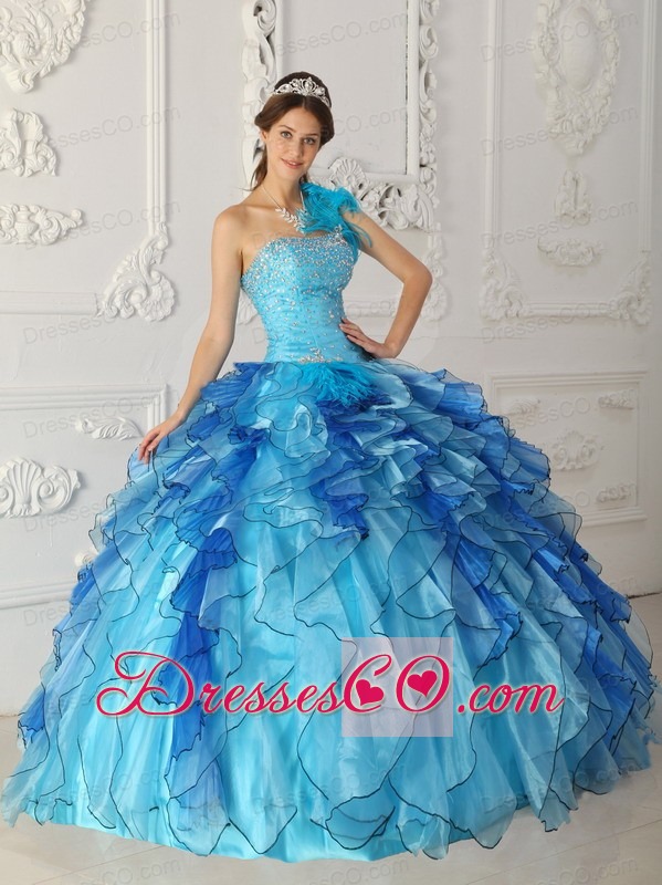 Aqua Blue Ball Gown One Shoulder Long Satin And Organza Beading Quinceanera Dress