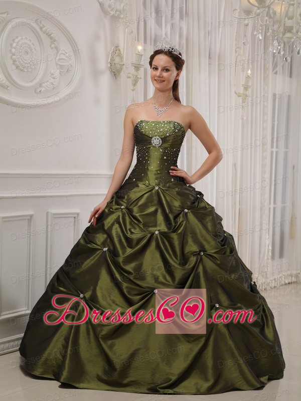 Olive Green Ball Gown Strapless Long Taffeta And Satin Beading Quinceanera Dress