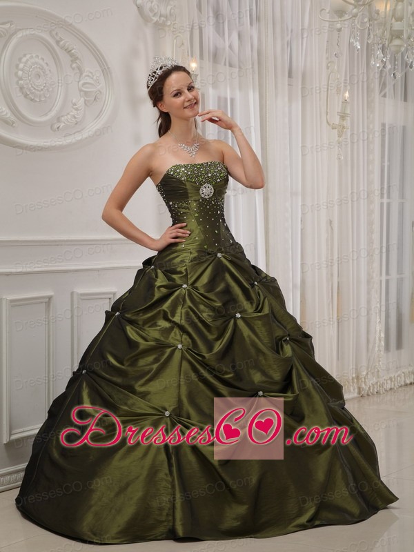Olive Green Ball Gown Strapless Long Taffeta And Satin Beading Quinceanera Dress