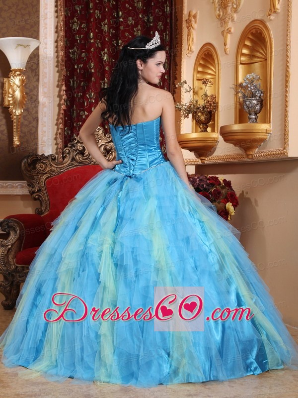 Aqua Blue Ball Gown Long Tulle Beading Quinceanera Dress