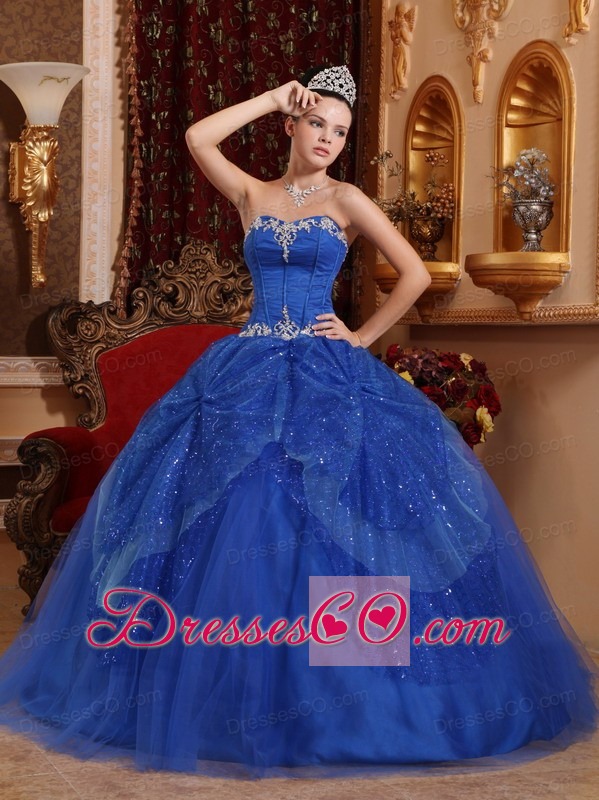 Blue Ball Gown Long Tulle Beading And Appliques Quinceanera Dress