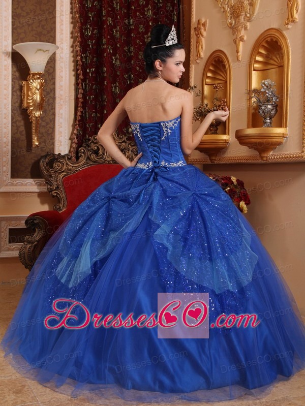 Blue Ball Gown Long Tulle Beading And Appliques Quinceanera Dress