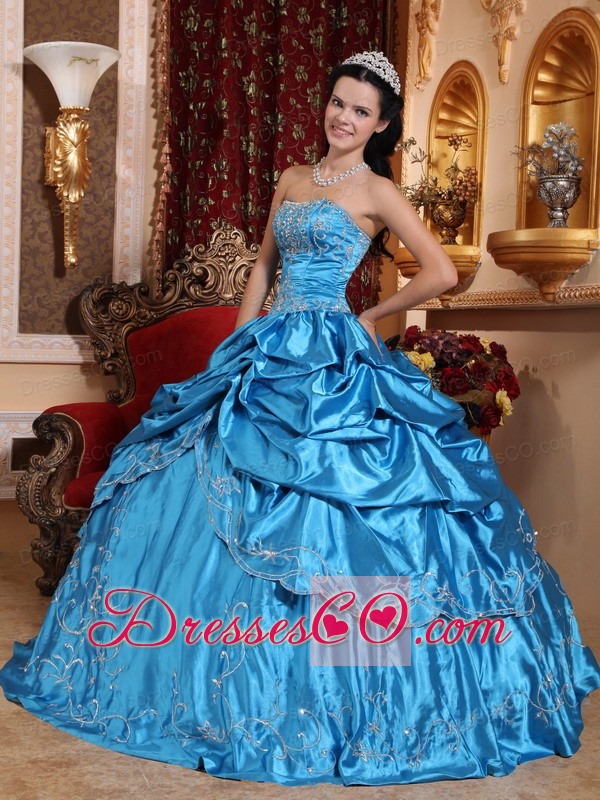 Blue Ball Gown Strapless Long Taffeta Embroidery With Beading Quinceanera Dress