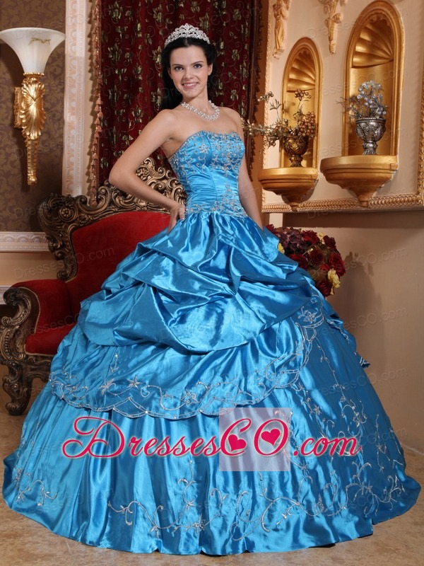 Blue Ball Gown Strapless Long Taffeta Embroidery With Beading Quinceanera Dress
