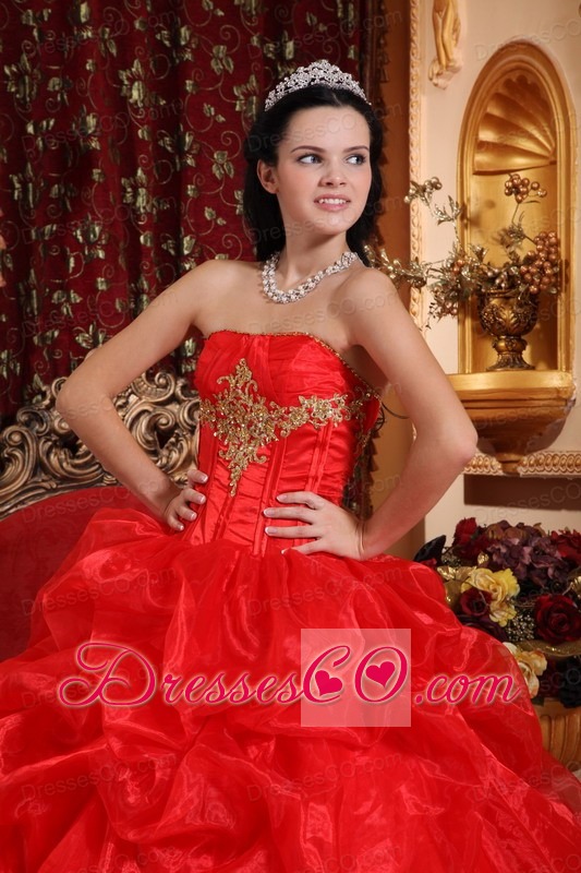 Red Ball Gown Strapless Long Organza Beading Quinceanera Dress
