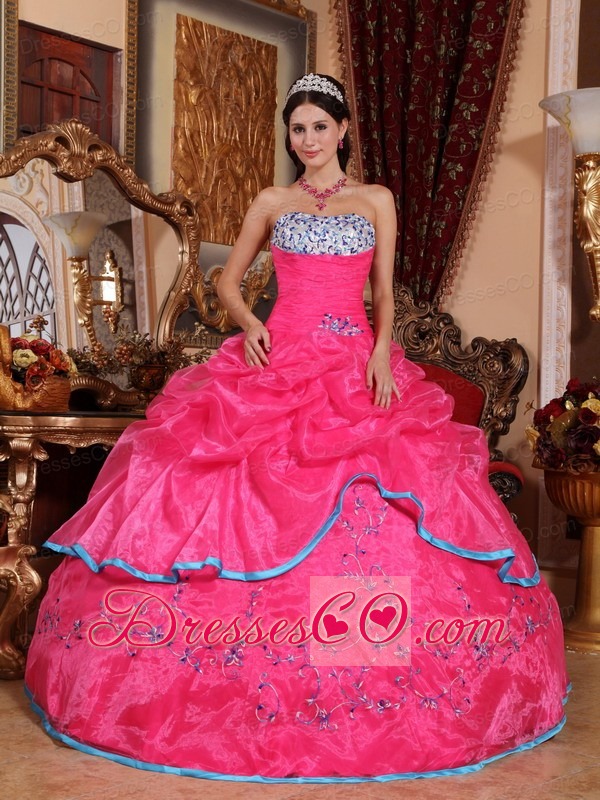 Rose Pink Ball Gown Strapless Long Organza Appliques Quinceanera Dress