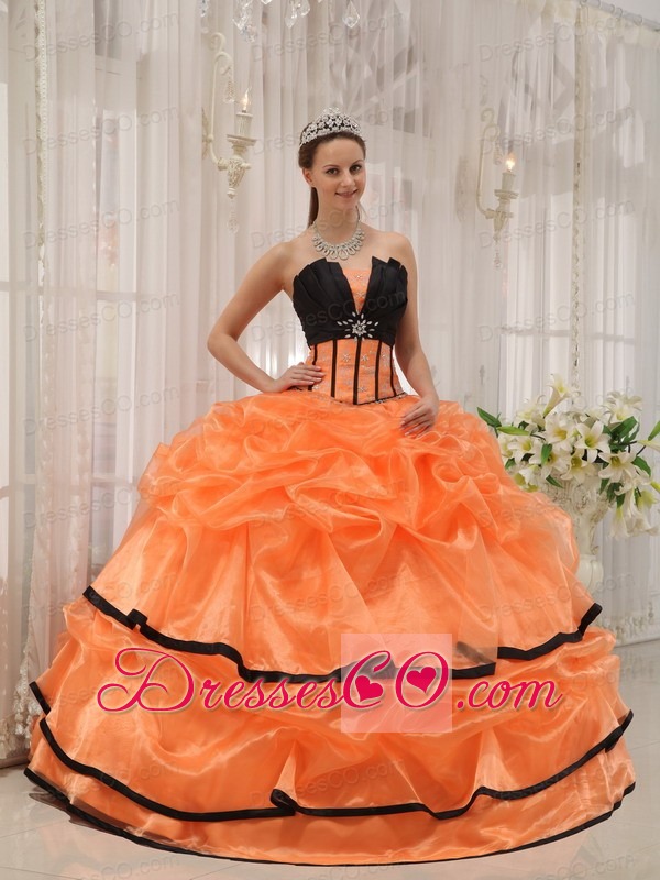 Orange And Black Ball Gown Strapless Long Satin And Organza Beading Quinceanera Dress