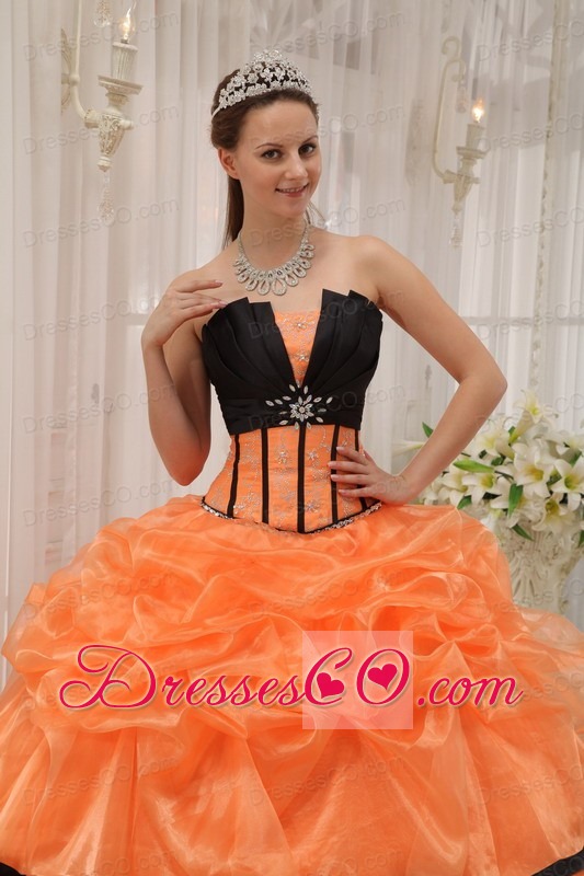 Orange And Black Ball Gown Strapless Long Satin And Organza Beading Quinceanera Dress