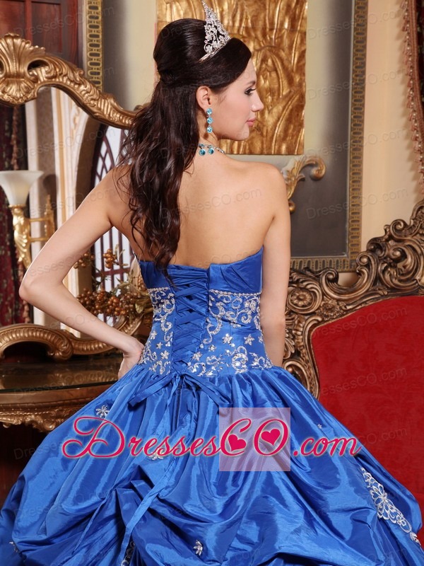 Blue Ball Gown Strapless Long Taffeta Appliques Quinceanera Dress