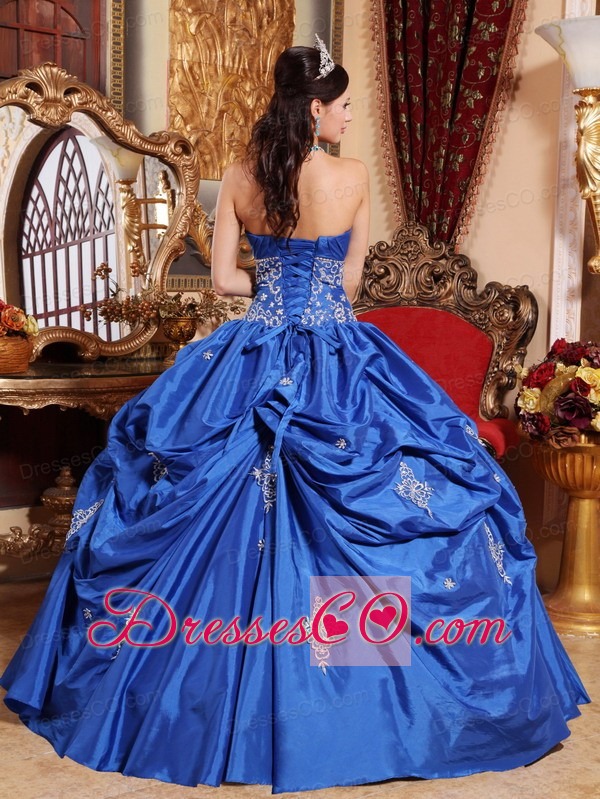 Blue Ball Gown Strapless Long Taffeta Appliques Quinceanera Dress