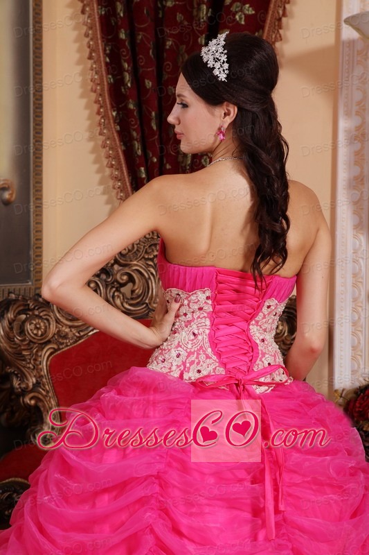 Hot Pink Ball Gown Strapless Long Organza Beading Quinceanera Dress