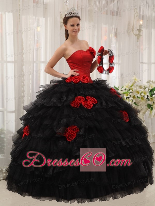 Red And Black Ball Gown Halter Long Taffeta And Organza Hand Flowers Quinceanera Dress