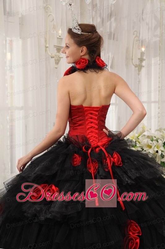 Red And Black Ball Gown Halter Long Taffeta And Organza Hand Flowers Quinceanera Dress