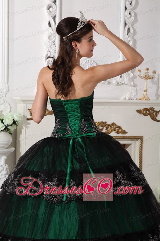 Dark Green Ball Gown Strapless Long Taffeta And Tulle Appliques Quinceanera Dress
