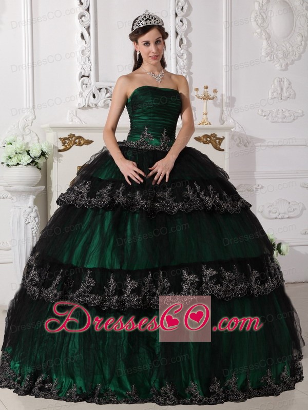 Dark Green Ball Gown Strapless Long Taffeta And Tulle Appliques Quinceanera Dress