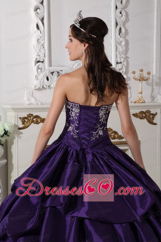 Purple Ball Gown Strapless Long Taffeta Embroidery Quinceanera Dress