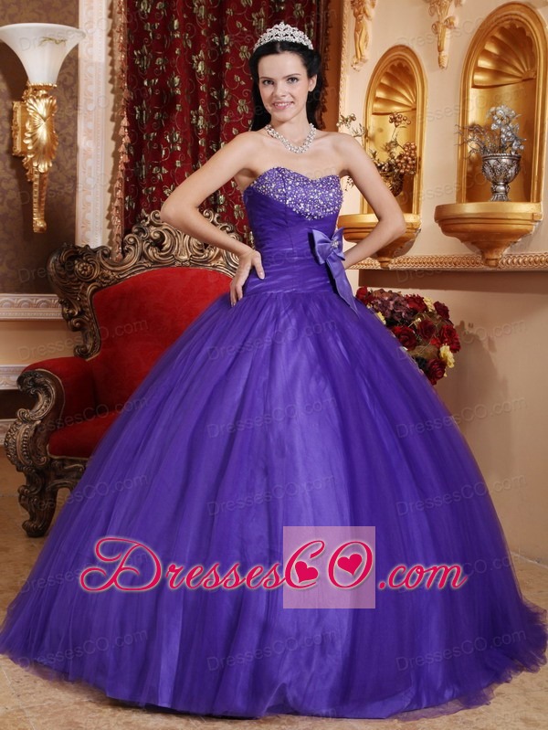 Purple Ball Gown Long Tulle And Taffteta Beading Quinceanera Dress