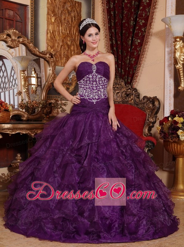 Purple A-line Long Organza Beading Quinceanera Dress