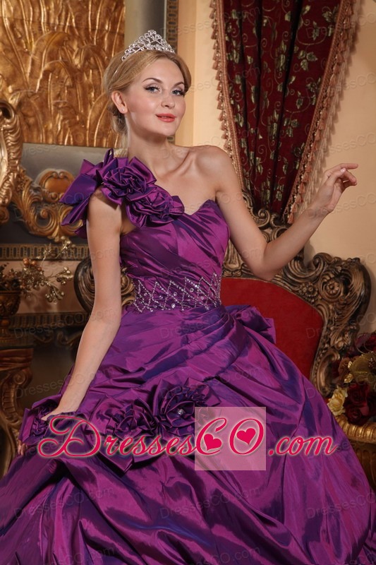 Purple Ball Gown One Shoulder Long Taffeta Beading Quinceanera Dress