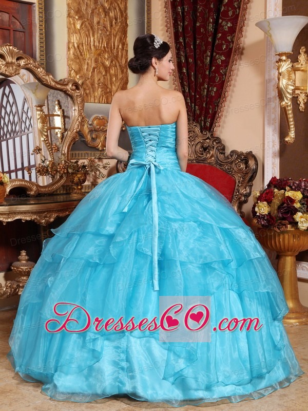 Aqua Blue Ball Gown Strapless Long Organza Beading Quinceanera Dress