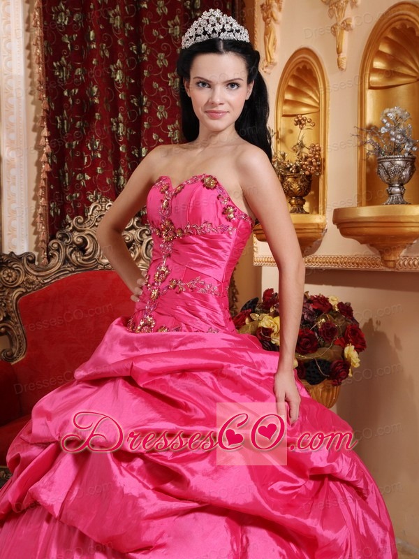 Hot Pink Ball Gown Long Taffeta Appliques Quinceanera Dress